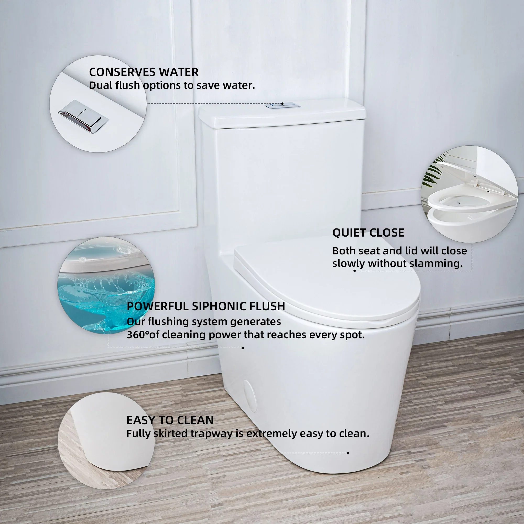 CASTA DIVA CD-T001 – One-Piece Elongated Toilet with Dual Flush 0.9/1.28 GPF, 12'' Rough-in, White - Image 4
