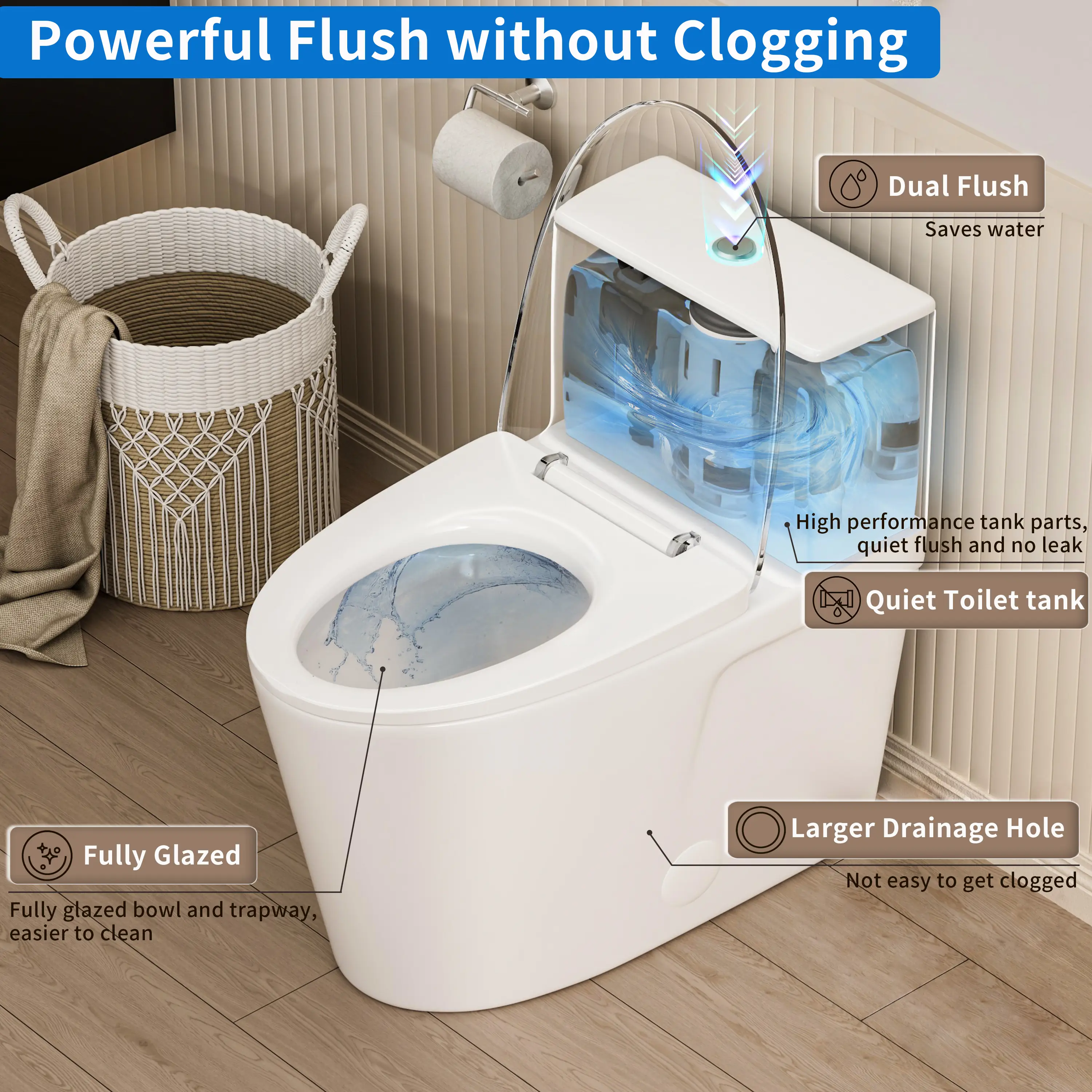 CASTA DIVA CD-T004 – One-Piece Elongated Toilet with Dual Flush 0.9/1.28 GPF, 12'' Rough-in, White - Image 5