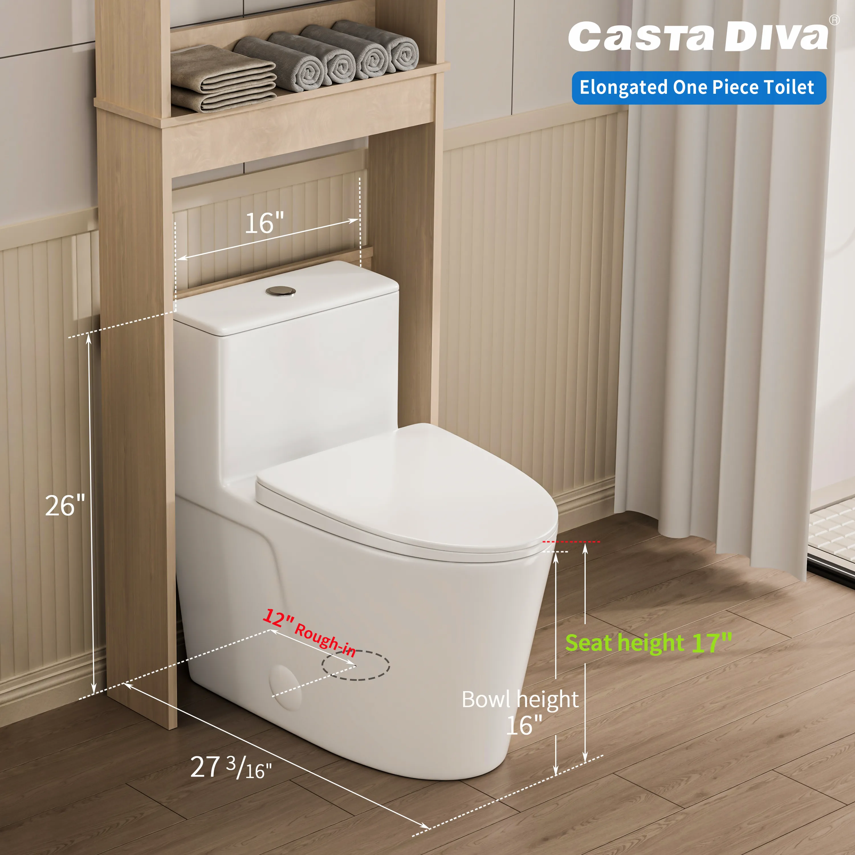CASTA DIVA CD-T004 – One-Piece Elongated Toilet with Dual Flush 0.9/1.28 GPF, 12'' Rough-in, White - Image 6